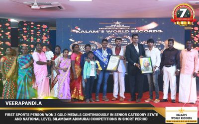 First Sports Person Won 3 Gold Medals Continuously in Senior Category State and National Level Silambam Adimurai Competitions in Short Period.