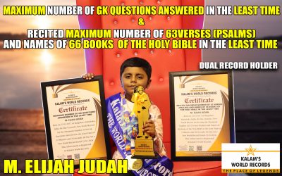 Maximum Number of GK Questions Answered in the Least Time & Recited Maximum Number of 63 verses (Psalms) and Names of 66 Books  of the Holy Bible in the Least Time