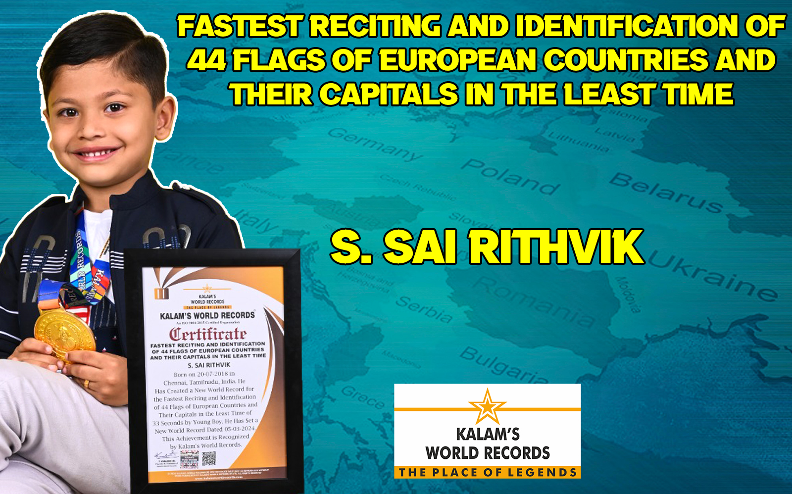 Sai Rithvik Fastest Reciting and Identification of 44 Flags of European Countries ...