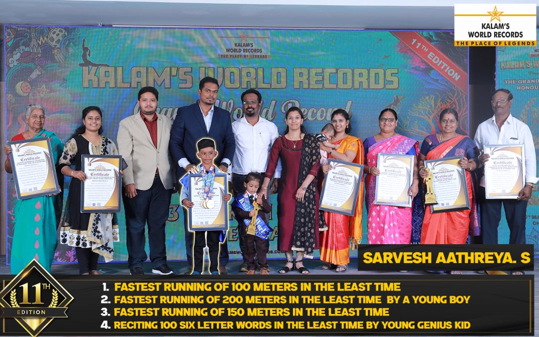 1. Fastest Running of 100 Meters in the Least Time 2. Fastest Running of 150 Meters in the Least Time 3. Fastest Running of 200 Meters in the Least Time  by a Young Boy 4. Reciting 100 Six Letter Words in the Least Time by Young Genius Kid