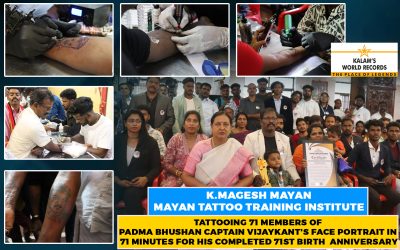 Tattooing 71 Members of Padma Bhushan Captain Vijaykant’s Face Portrait in 71 Minutes for His Completed 71st Birth  Anniversary