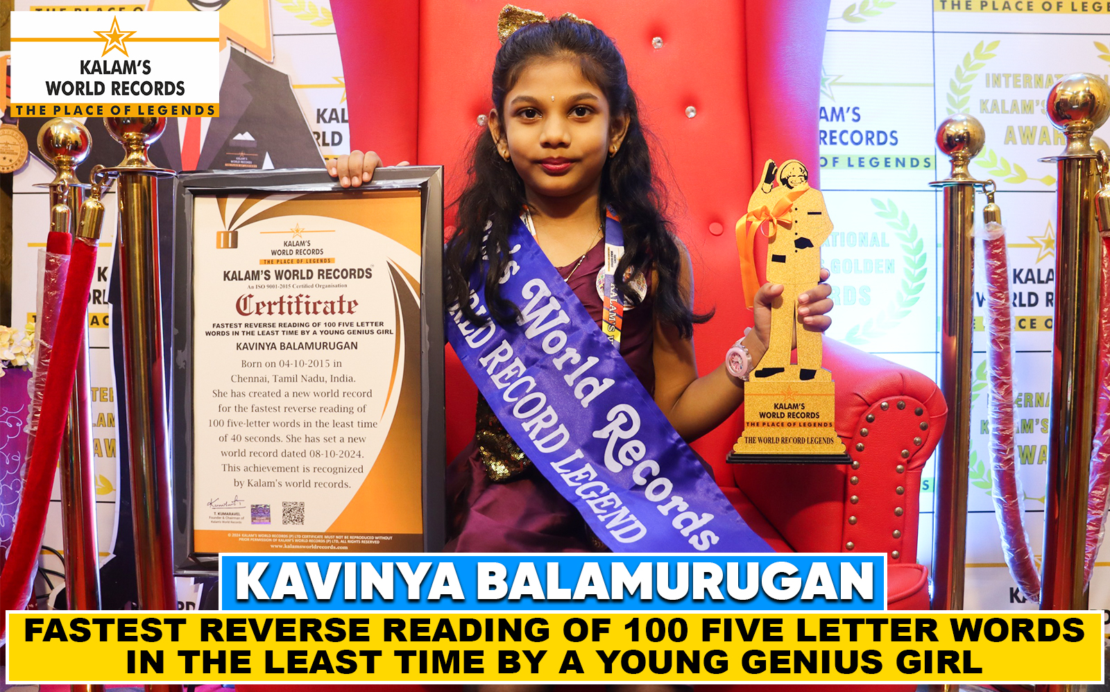 Fastest Reverse Reading of 100 Five Letter Words in the Least Time by a Young Genius Girl