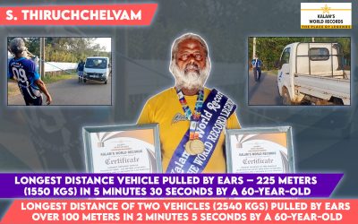 Longest Distance Vehicle Pulled by Ears – 225 Meters (1550 Kgs) in 5 Minutes 30 Seconds by a 60-year-old (&) Longest Distance of Two Vehicles (2540 Kgs) Pulled by Ears Over 100 Meters in 2 Minutes 5 Seconds by a 60-year-old