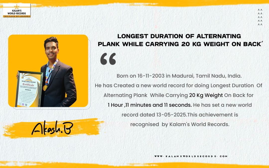 Longest Duration of Alternating Plank While Carrying 20 Kg Weight on Back
