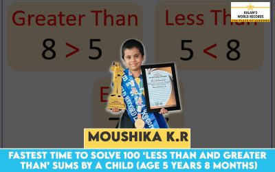 FASTEST TIME TO SOLVE 100 ‘LESS THAN AND GREATER THAN’ SUMS BY A CHILD (AGE 5 YEARS 8 MONTHS)