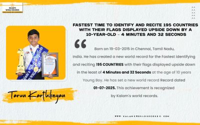 FASTEST TIME TO IDENTIFY AND RECITE 195 COUNTRIES WITH THEIR FLAGS DISPLAYED UPSIDE DOWN BY A 10-YEAR-OLD – 4 MINUTES AND 32 SECONDS