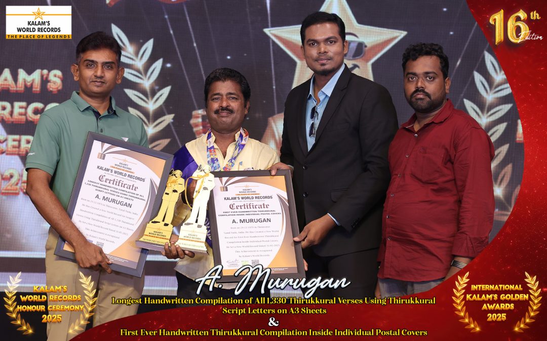 Longest Handwritten Compilation of All 1,330 Thirukkural Verses Using Thirukkural Script Letters on A3 Sheets and First Ever Handwritten Thirukkural Compilation Inside Individual Postal Covers