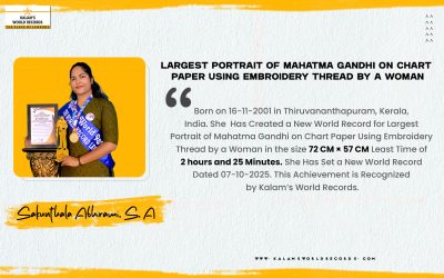 LARGEST PORTRAIT OF MAHATMA GANDHI ON CHART PAPER USING EMBROIDERY THREAD BY A WOMAN