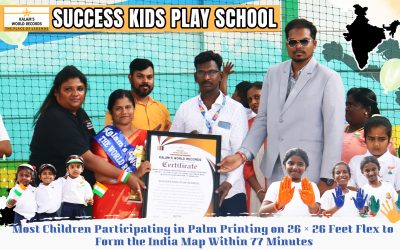 Most Children Participating in Palm Printing on 26 × 26 Feet Flex to Form the India Map in Tricolours Within 77 Minutes