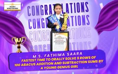 FASTEST TIME TO ORALLY SOLVE 5 ROWS OF 100 ABACUS ADDITION AND SUBTRACTION SUMS BY A YOUNG GENIUS GIRL