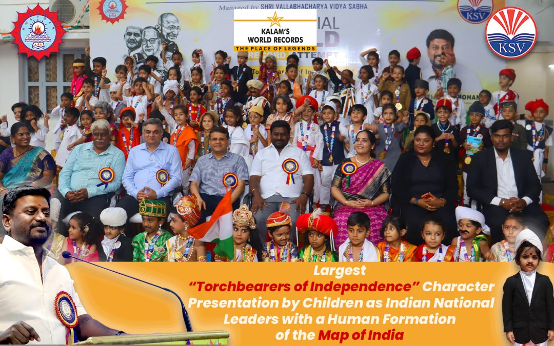 LARGEST “TORCHBEARERS OF INDEPENDENCE” CHARACTER PRESENTATION BY CHILDREN AS INDIAN NATIONAL LEADERS WITH A HUMAN FORMATION OF THE MAP OF INDIA