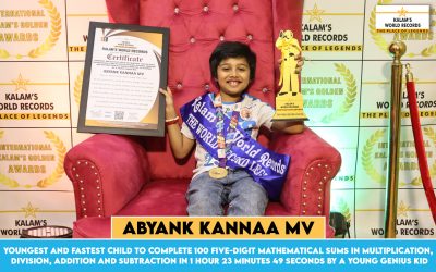 Youngest and Fastest Child to Complete 100 Five-digit Mathematical Sums in Multiplication, Division, Addition and Subtraction in 1 Hour 23 Minutes 49 Seconds by a Young Genius Kid