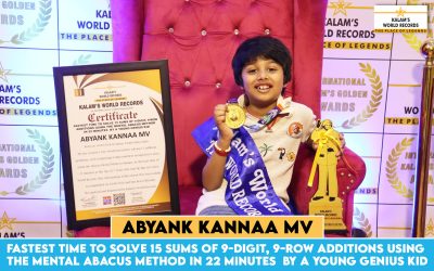 Fastest Time to Solve 15 Sums of 9-digit, 9-row Additions Using the Mental Abacus Method in 22 Minutes by a Young Genius Kid