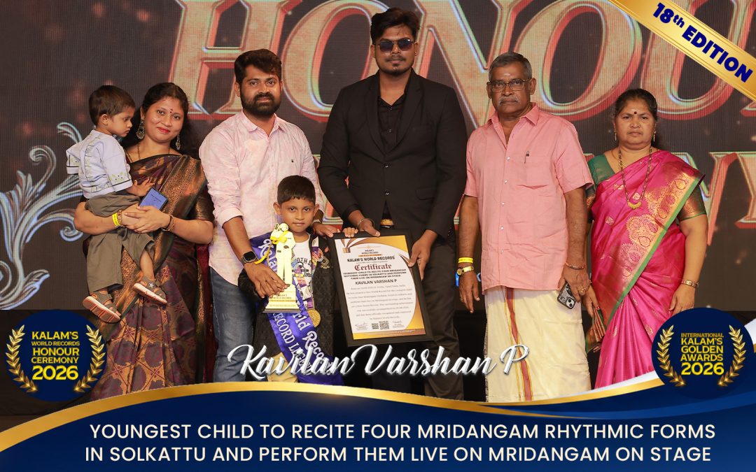Youngest Child to Recite Four Mridangam Rhythmic Forms in Solkattu and Perform Them Live on Mridangam on Stage