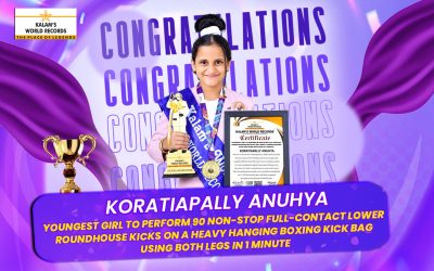 Youngest girl to perform 90 Non-Stop full-contact lower roundhouse kicks on a heavy hanging boxing kick bag using both legs in 1 minute