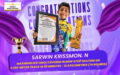 Maximum distance covered in Non-stop skating on a 180-meter track in 50 minutes – 12.9 kilometres (74 rounds)